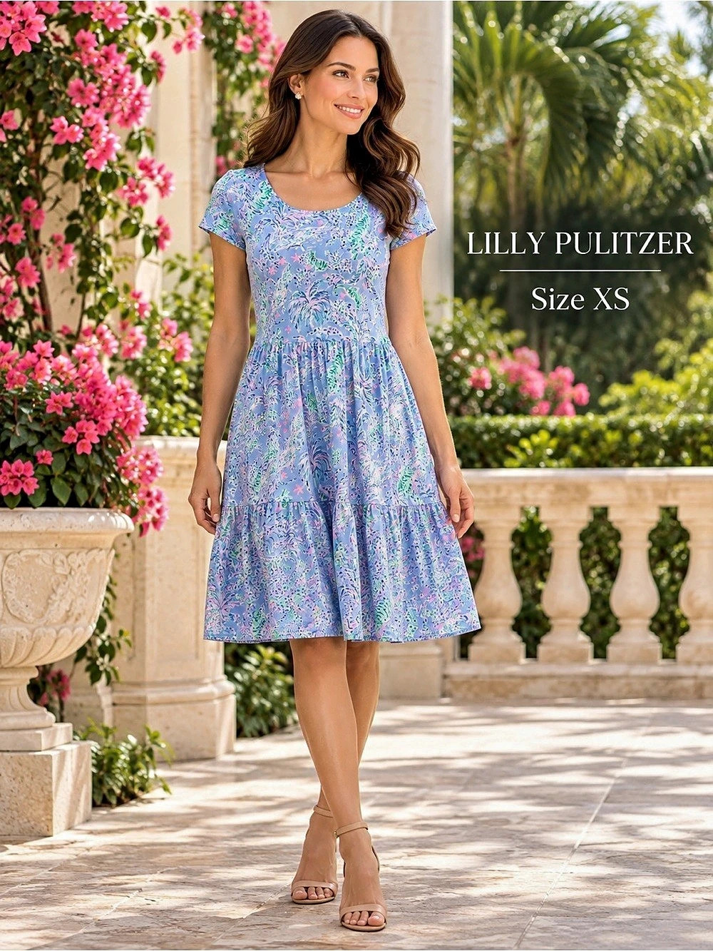 Lilly Pulitzer XS Blue Pink Tropical Print Cotton Tiered Dress